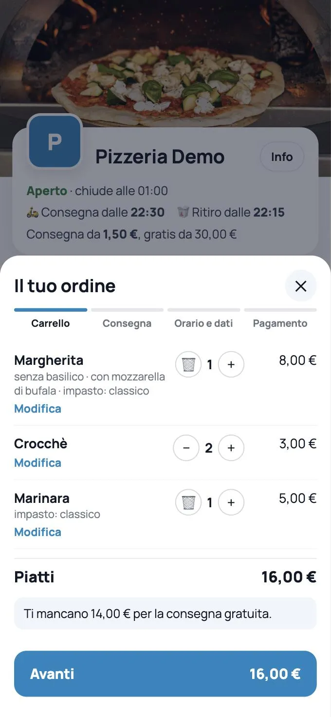 Carrello con le modifiche di ogni piatto e quanto manca alla consegna gratuita