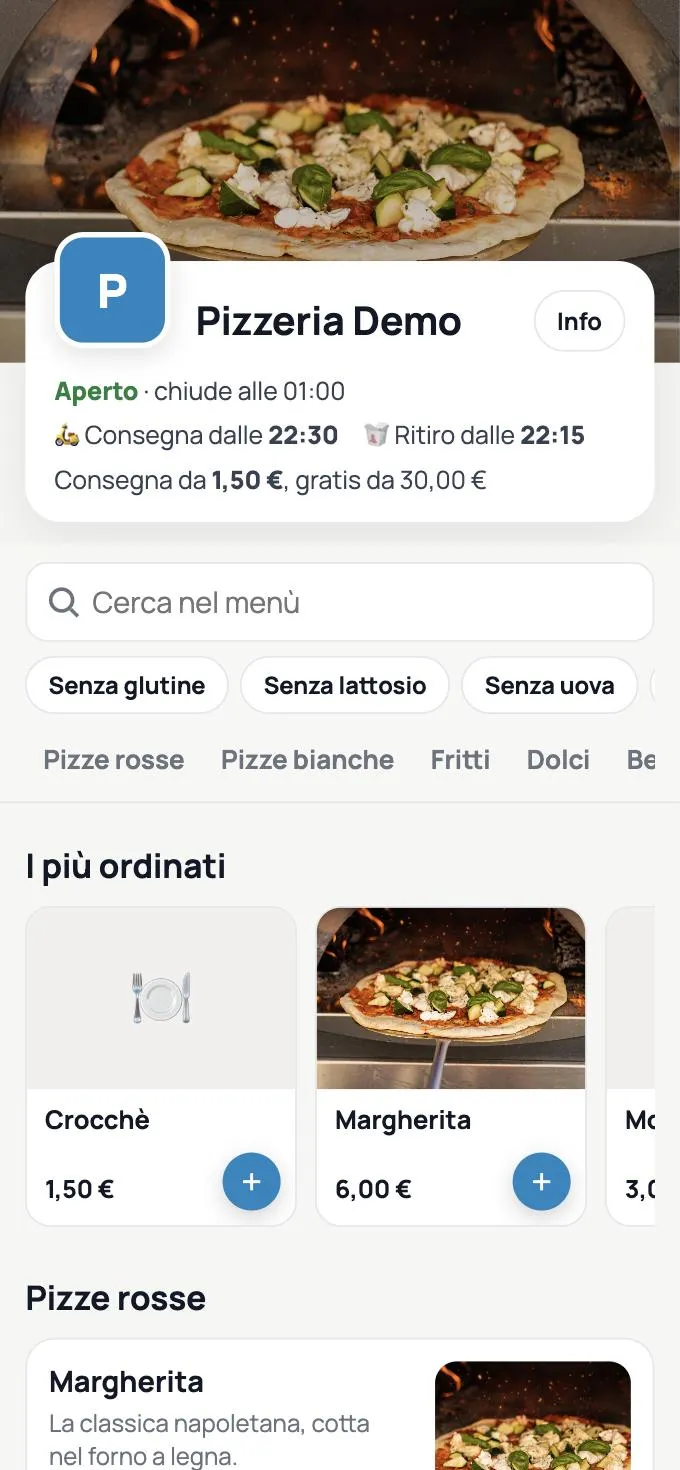 La pagina d'ordine di una pizzeria con Tattà® Delivery, vista dal telefono