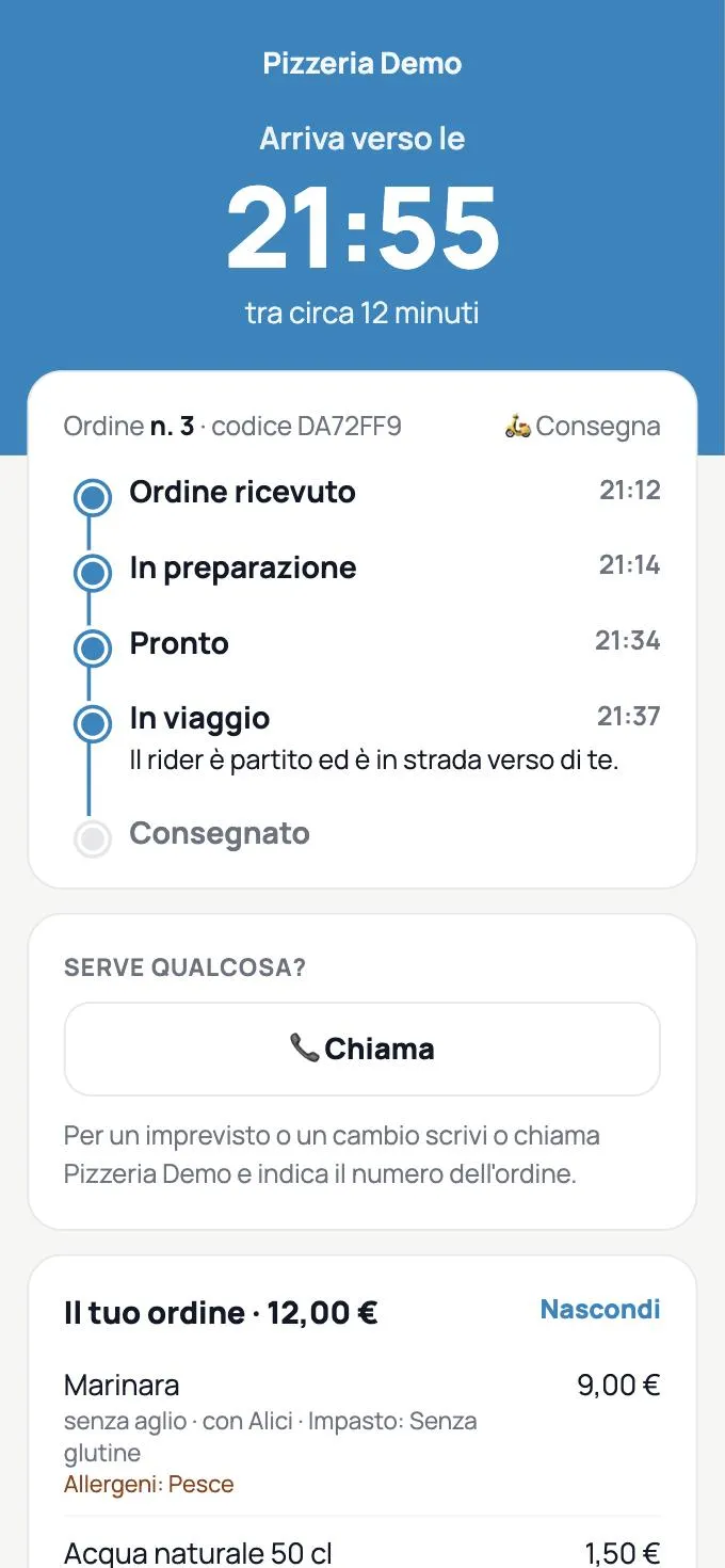 Pagina dell'ordine con l'orario di arrivo in grande e i passaggi con l'ora