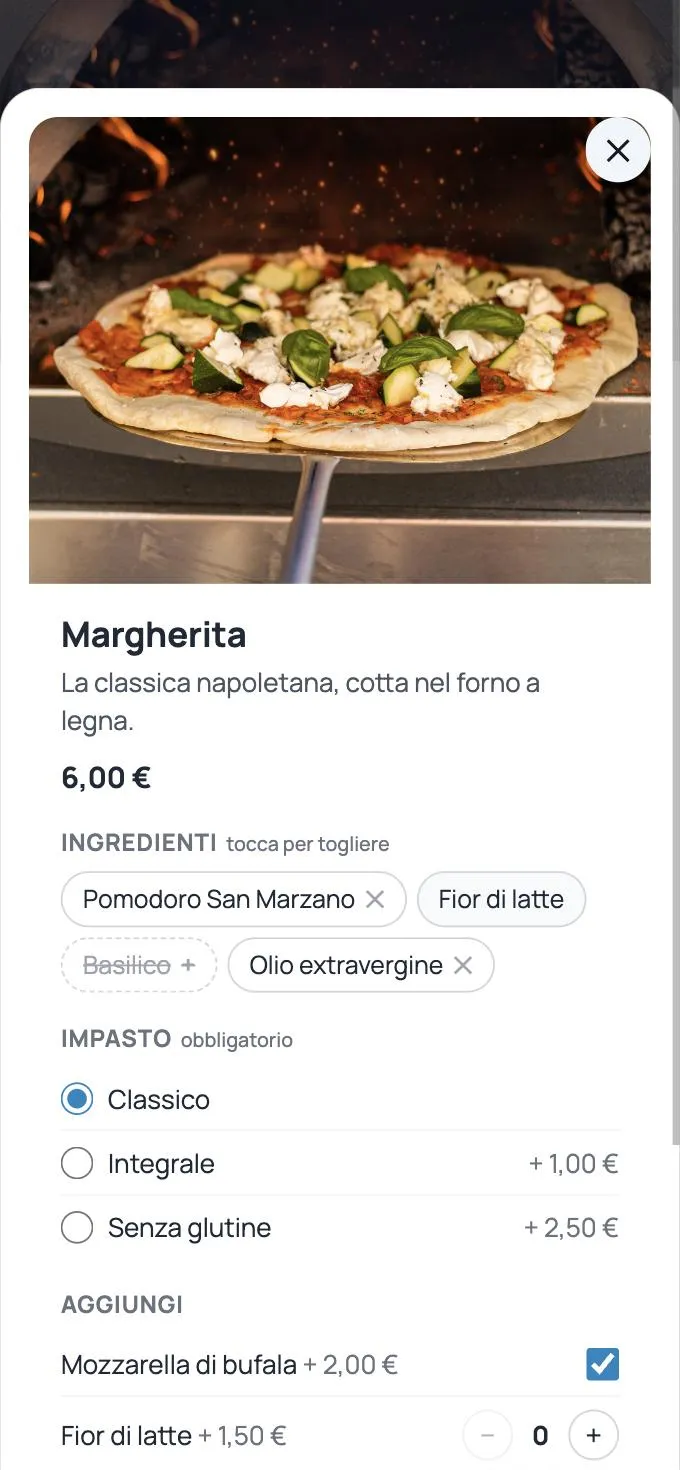 Scheda della Margherita: basilico tolto, impasto da scegliere, mozzarella di bufala aggiunta