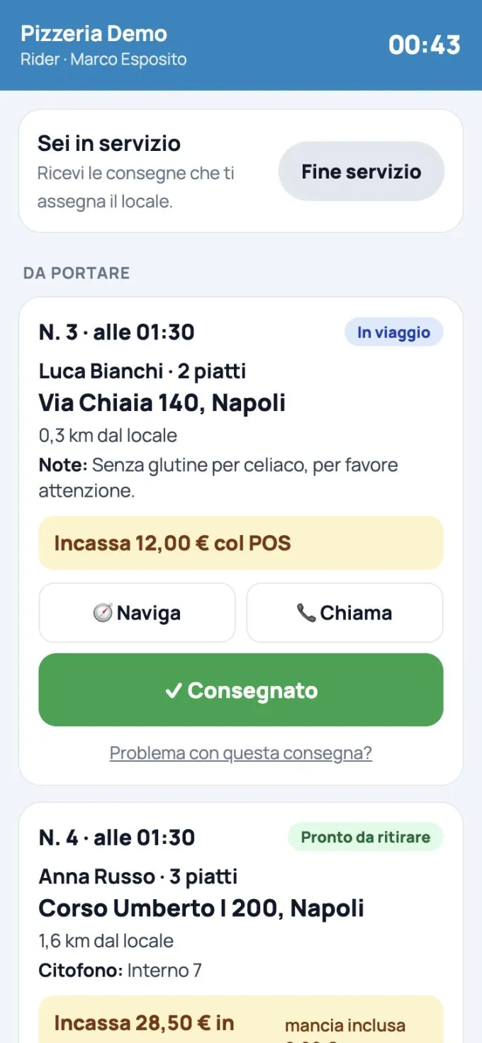 La vista del rider: consegna in viaggio con indirizzo, note, quanto incassare, Naviga, Chiama e Consegnato